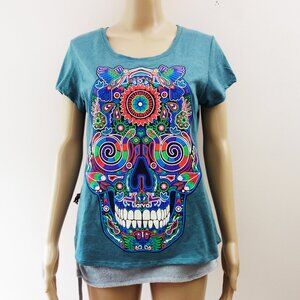Larva Teal Dia de los Muertos Sugar Skull Animals Birds Snakes Graphic Tee (L)